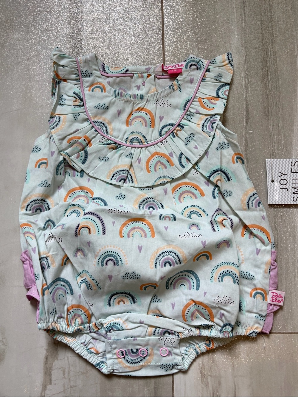 NWT RuffleButts Pastel Cotton Chasing Rainbow Ruffled Bubble Romper Girls 3-6M